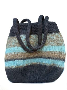 Felted 100% Wool Striped Tote Bag in Brown & Teal Double Handles Earthcore Boho